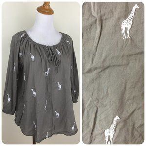 ANN TAYLOR Loft Khaki/Sage White Giraffe Embroidery Tie Collar Loose Fit Shirt